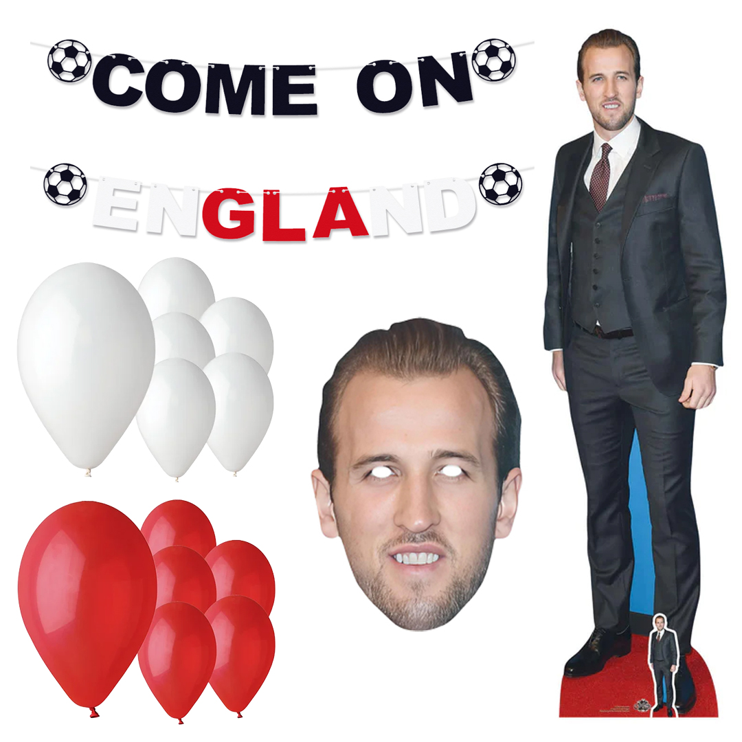 Come On England Party Decoration Kit with Harry Kane Cardboard Cutout and Face Mask