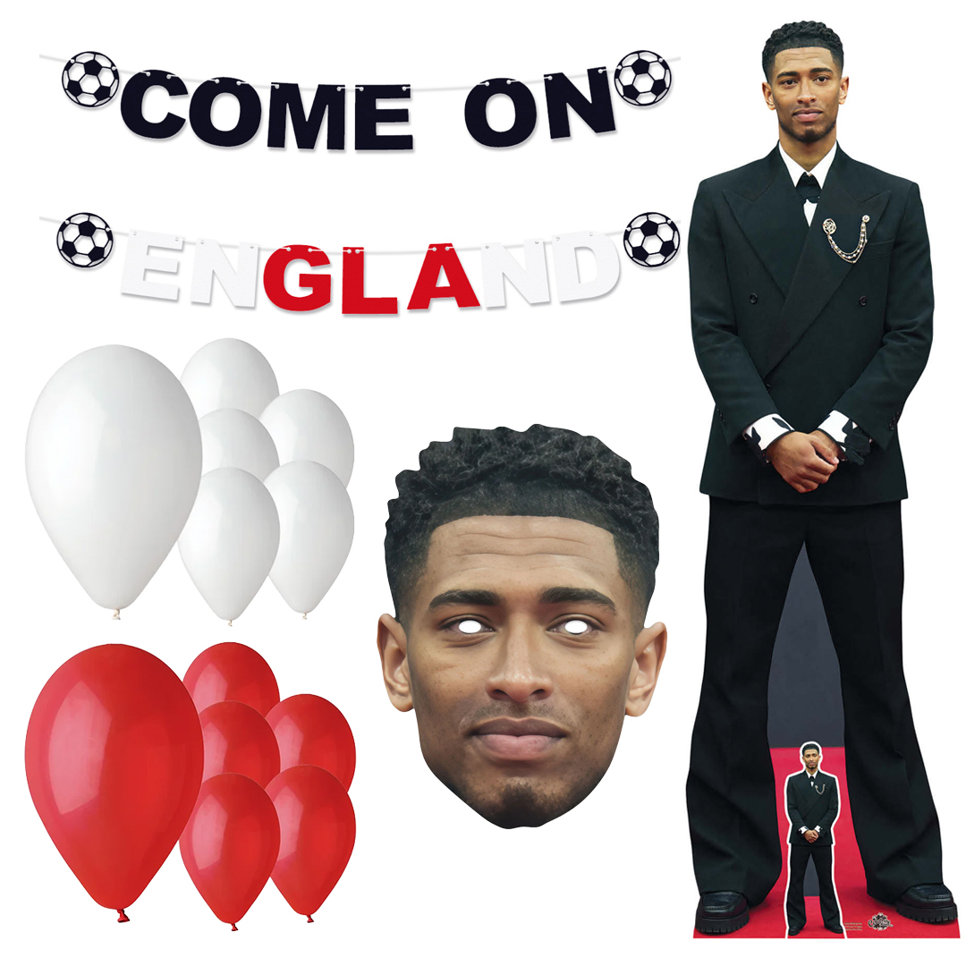 Come On England Party Decoration Kit with Jude Bellingham Cardboard Cutout and Face Mask