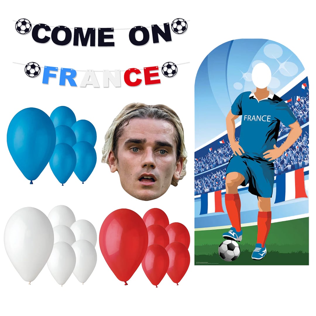 Come On France Party Decoration Kit with France Stand In Cutout and Antoine Griezmann Cardboard Face Mask