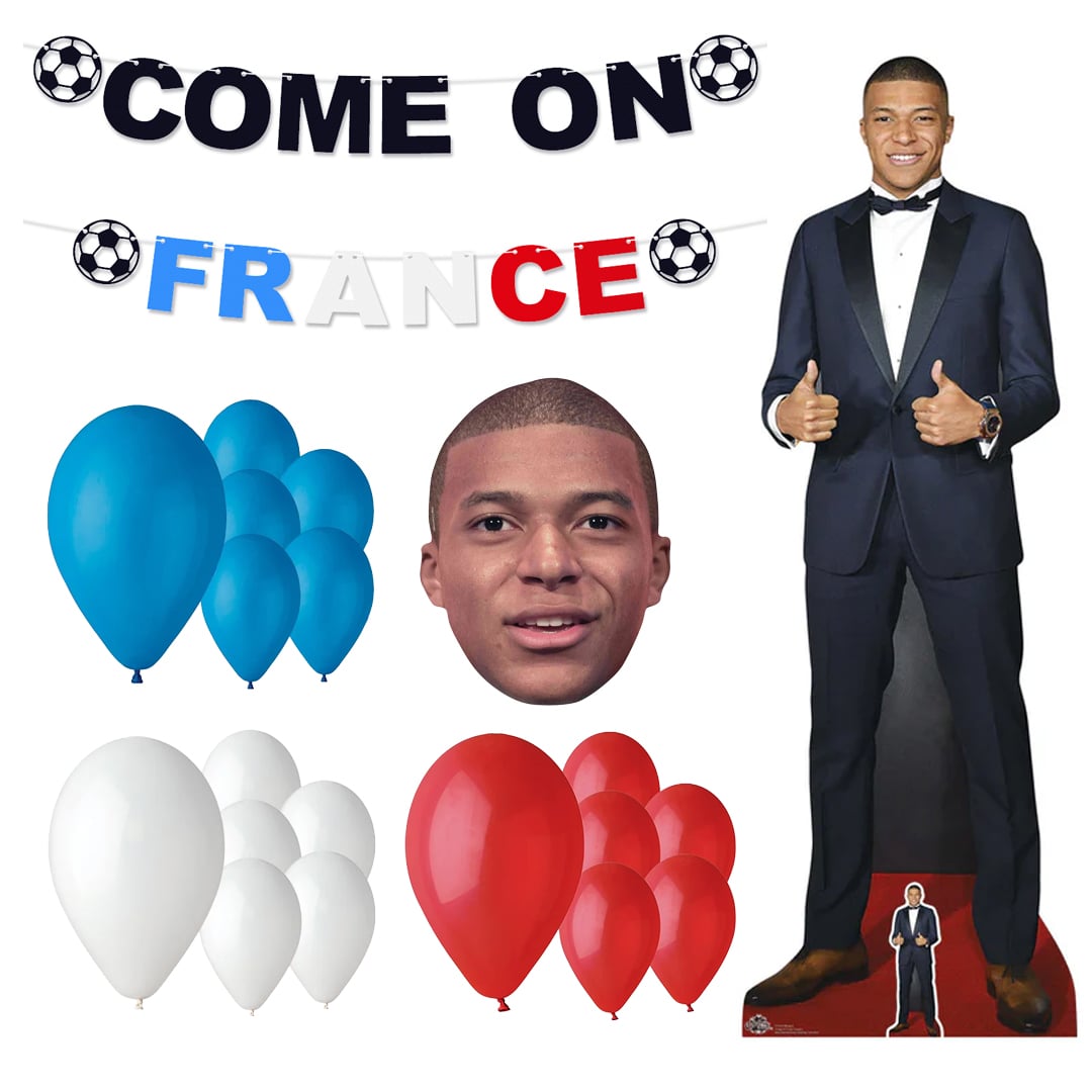 Come On France Party Decoration Kit with Kylian Mbappe Cardboard Cutout and Face Mask