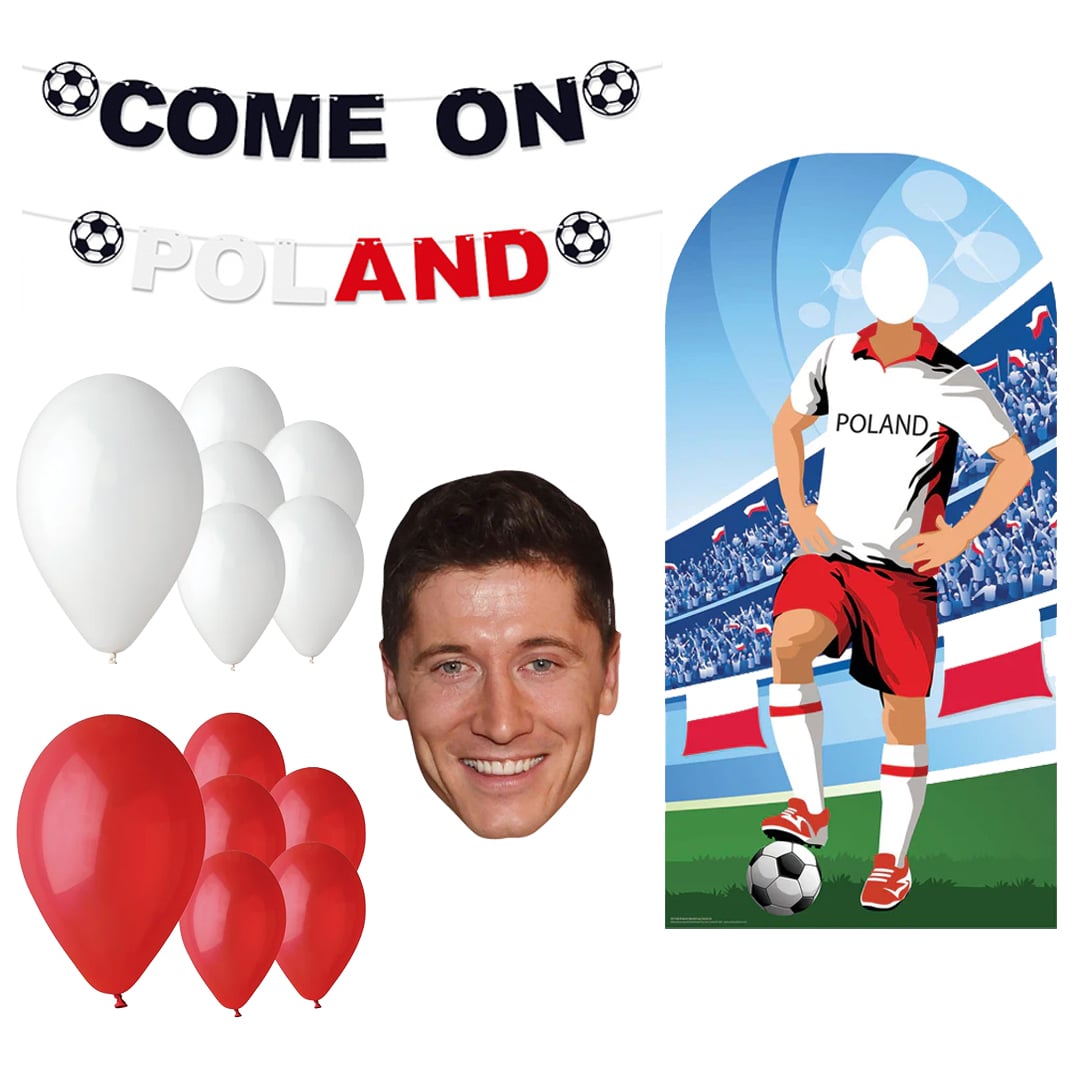 Come On Poland Party Decoration Kit with Poland Stand In Cutout and Robert Lewandowksi Cardboard Face Mask