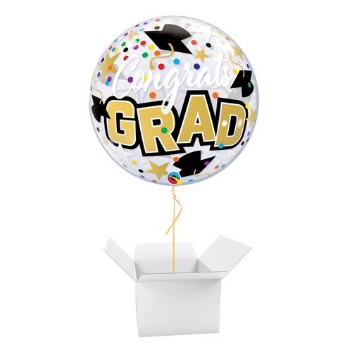 Congrats Grad Stars & Dots See-Thru Bubble Helium Qualatex Balloon - Inflated Balloon in a Box