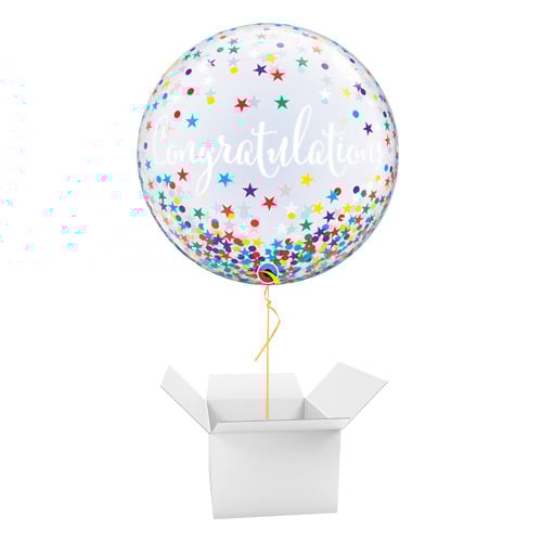 Congratulations Confetti Stars See-Thru Bubble Helium Qualatex Balloon - Inflated Balloon in a Box