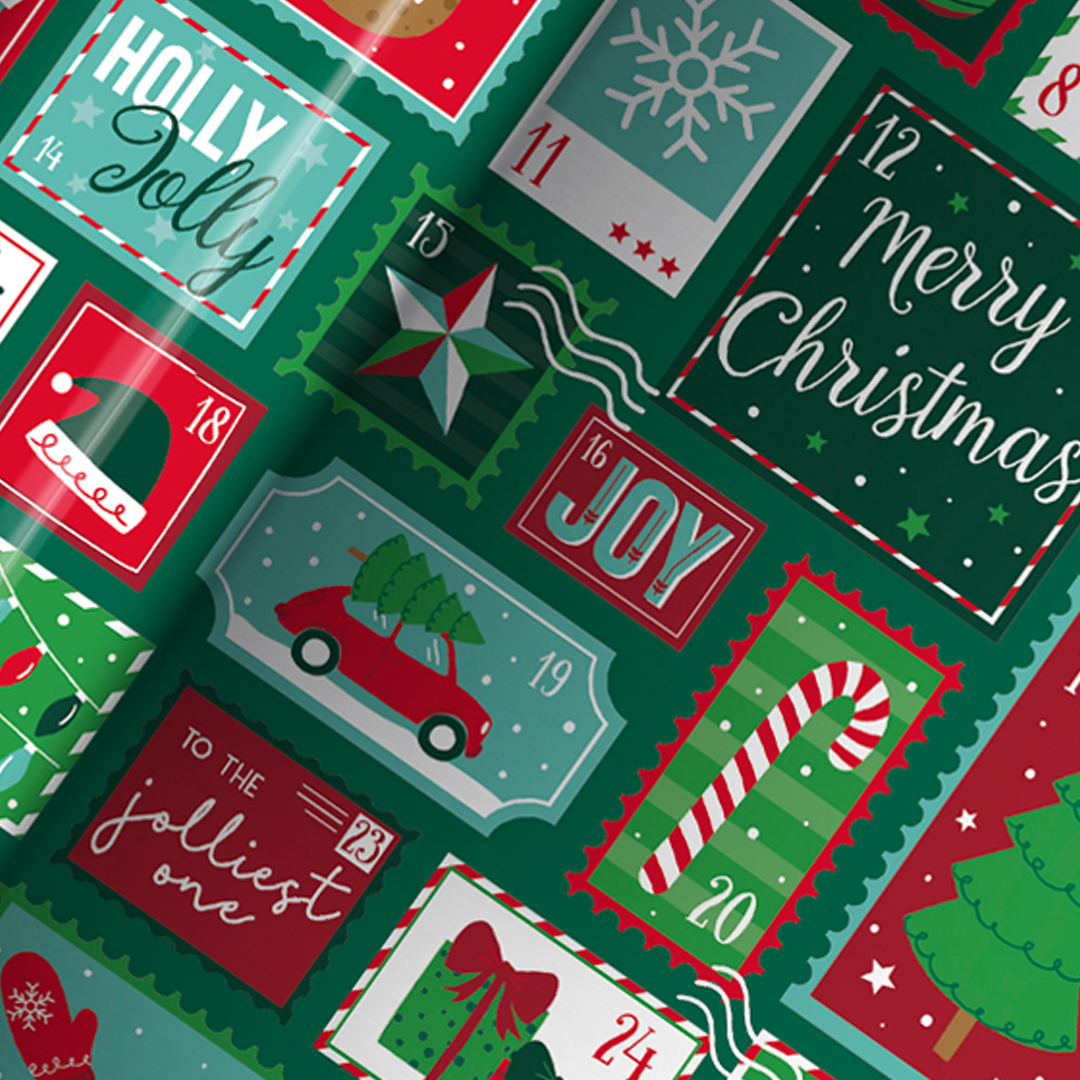 Contemporary Festive Stamp Design Christmas Green Gift Wrapping Paper Roll 4m Product Gallery Image