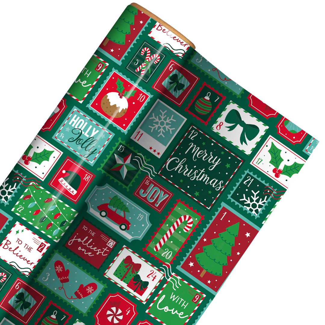Contemporary Festive Stamp Design Christmas Green Gift Wrapping Paper Roll 4m Product Gallery Image