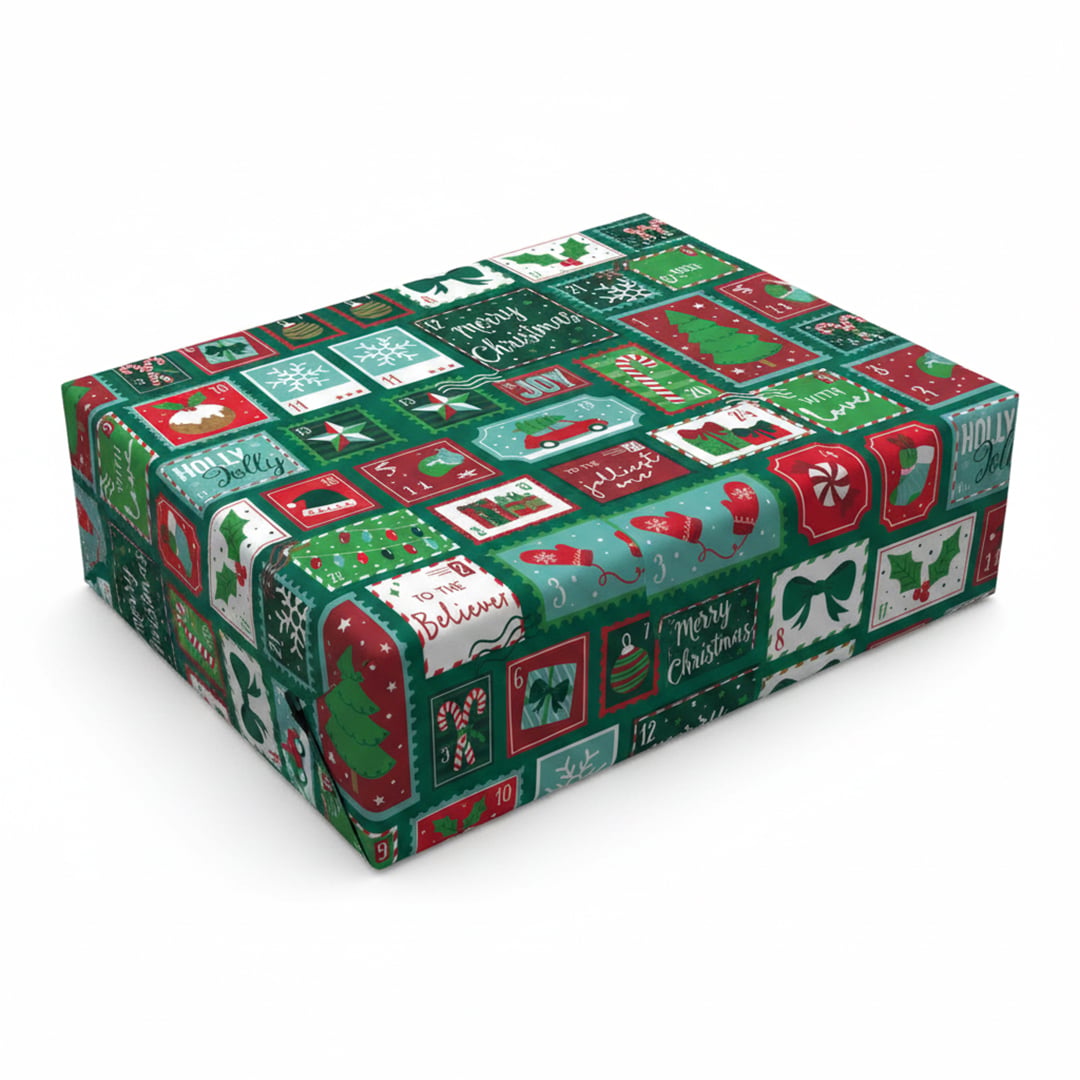 Contemporary Festive Stamp Design Christmas Green Gift Wrapping Paper Roll 4m