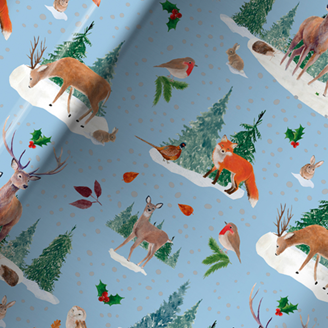 Contemporary Woodland Animal Christmas Light Blue Gift Wrapping Paper Roll 7m Product Gallery Image