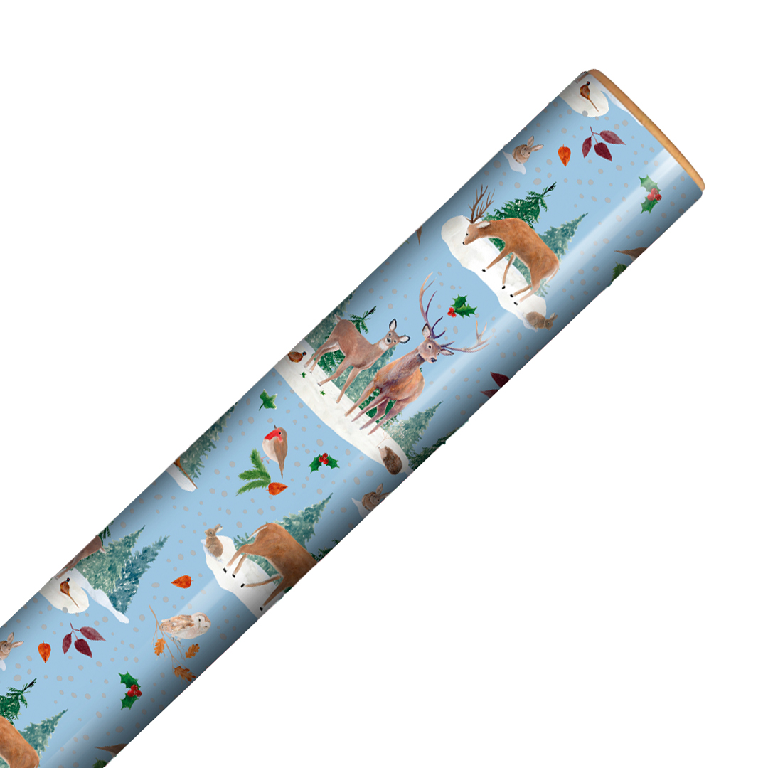 Contemporary Woodland Animal Christmas Light Blue Gift Wrapping Paper Roll 7m Product Gallery Image