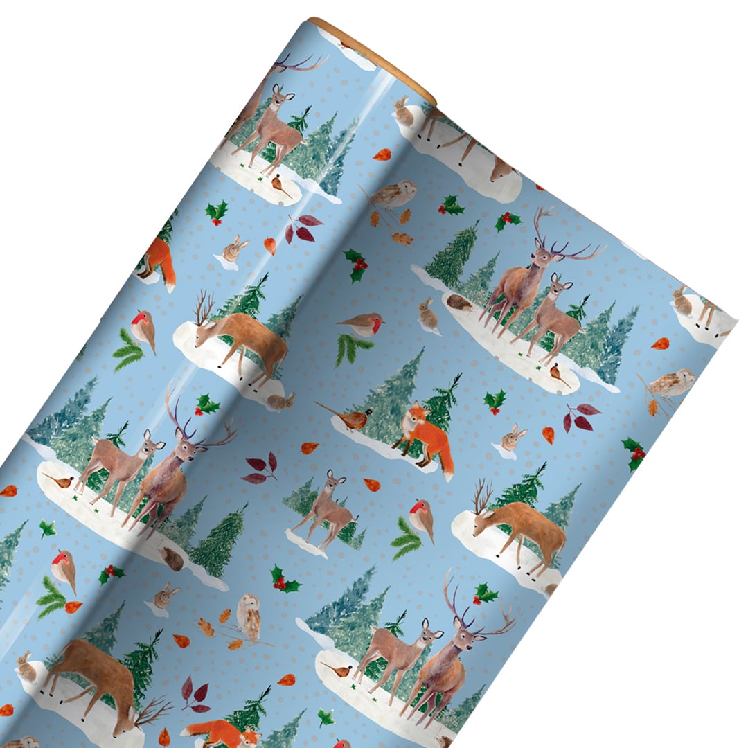 Contemporary Woodland Animal Christmas Light Blue Gift Wrapping Paper Roll 7m Product Gallery Image