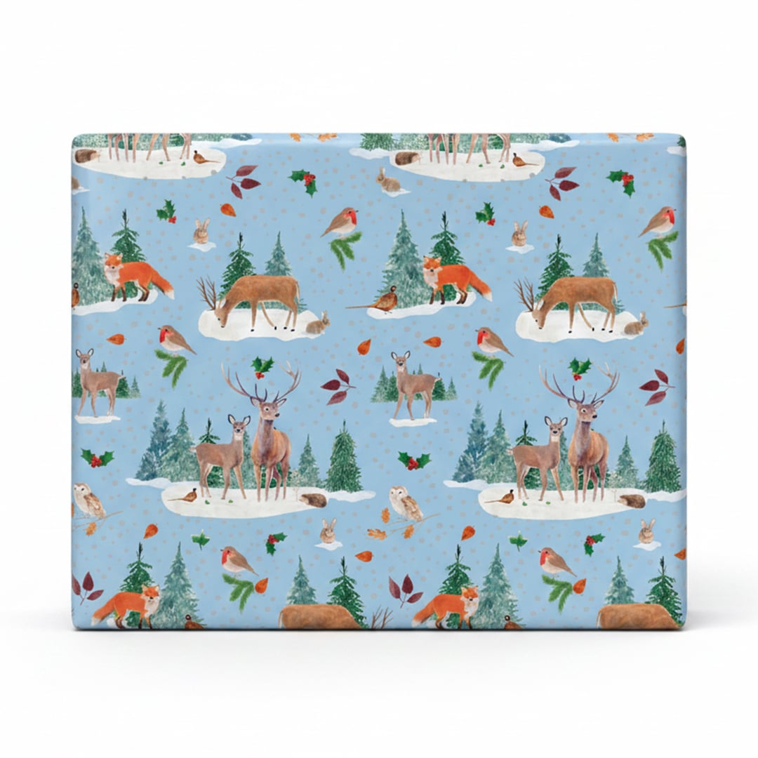 Contemporary Woodland Animal Christmas Light Blue Gift Wrapping Paper Roll 7m