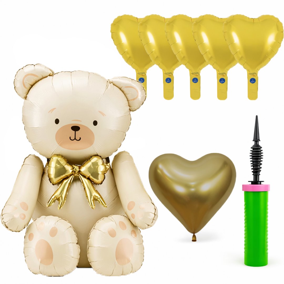 Cream Teddy Bear with Gold Hearts Air Fill Valentine's Balloon Kit