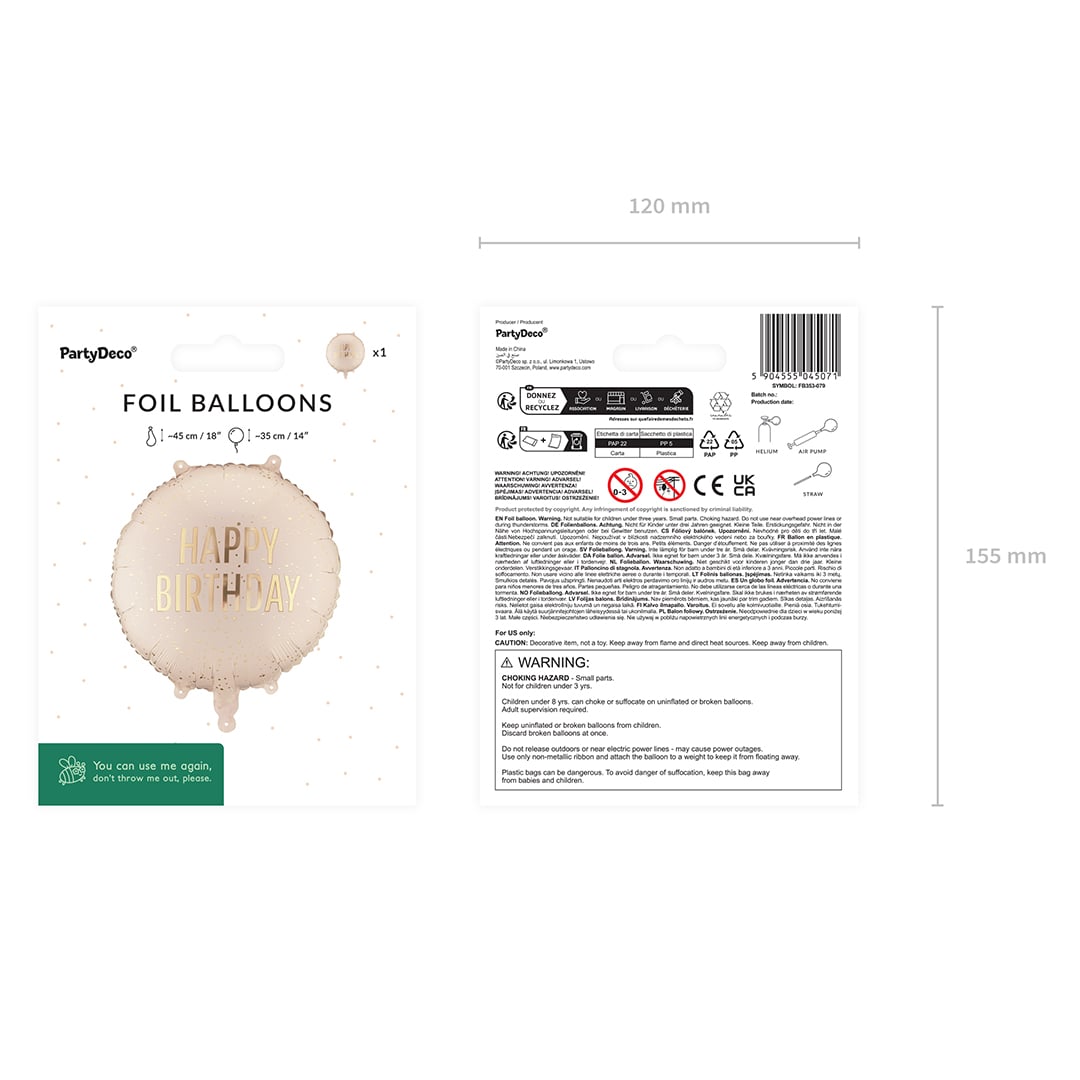 Cream with Gold Finish Happy Birthday Round Foil Balloon 45cm / 18 in Product Gallery Image