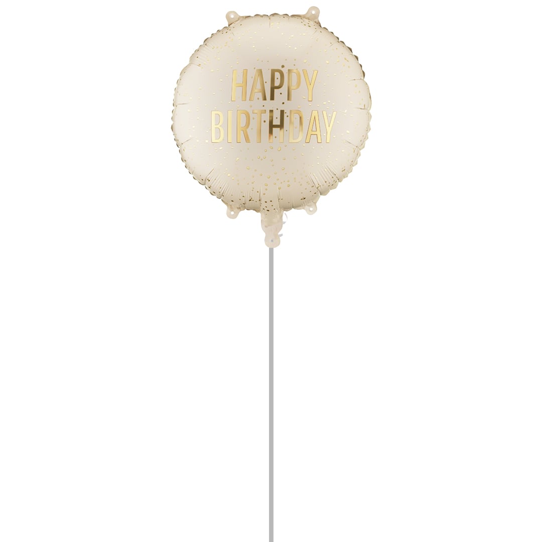 Cream with Gold Finish Happy Birthday Round Foil Balloon - Inflated Balloon In A Box Product Gallery Image
