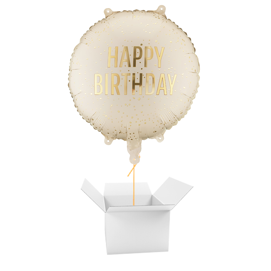 Cream with Gold Finish Happy Birthday Round Foil Balloon - Inflated Balloon In A Box