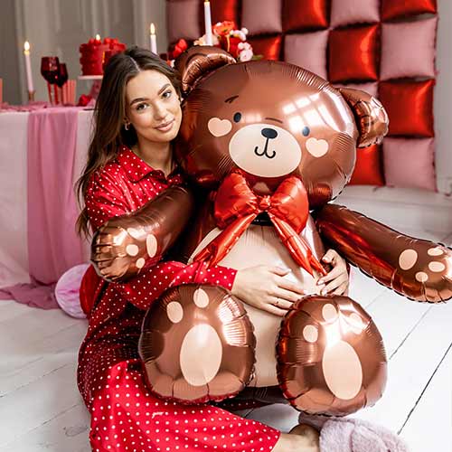 Cute Brown Teddy Bear with Red Bow Sitting Air Fill Foil Balloon 112cm / 44 in Product Gallery Image
