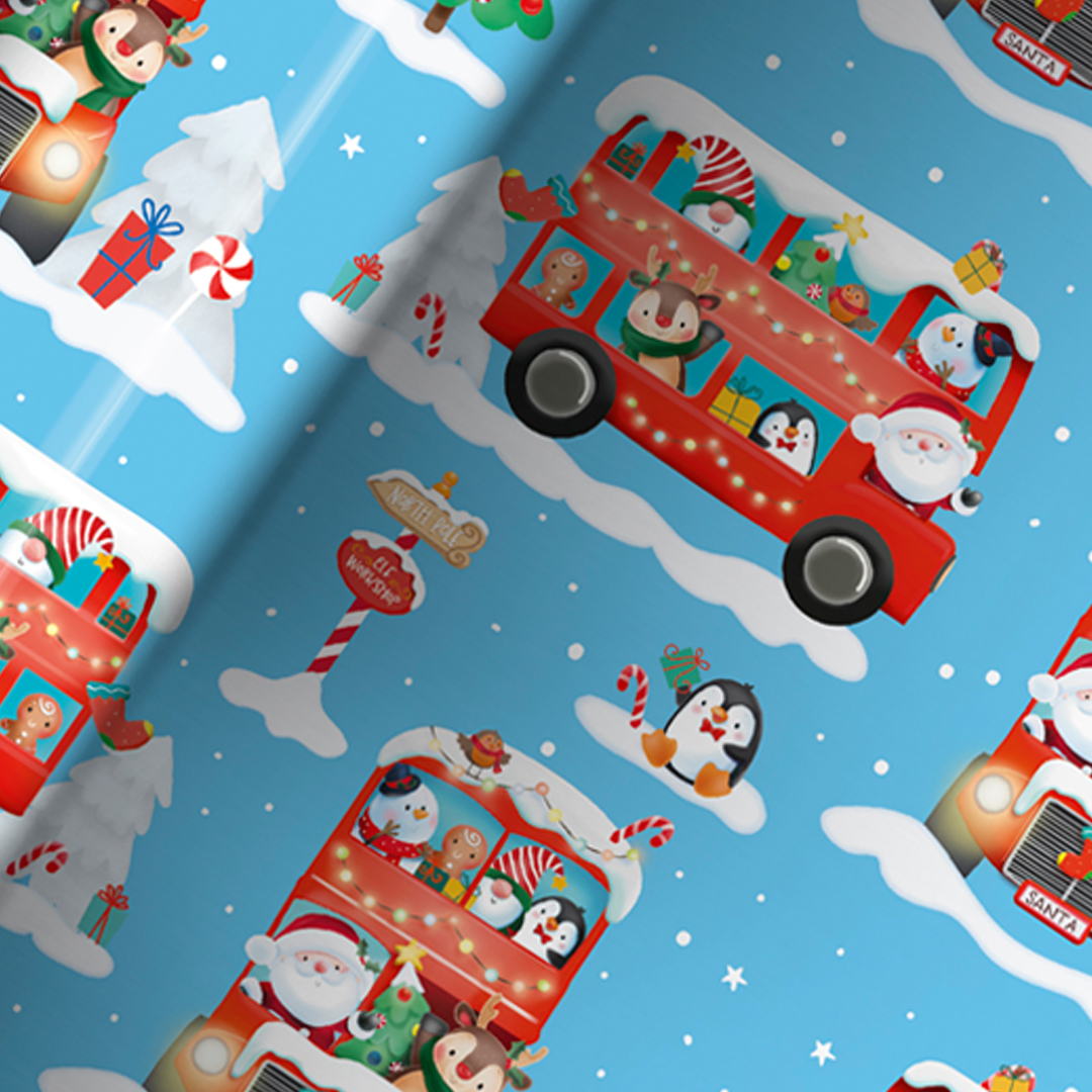 Cute Christmas Characters Blue Gift Wrapping Paper Roll 7m Product Gallery Image