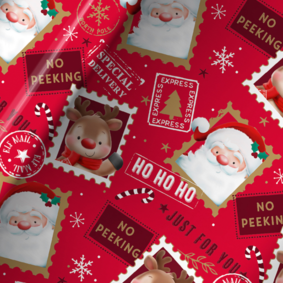 Cute Christmas Characters Express Delivery Red Gift Wrapping Paper Roll 4m Product Gallery Image