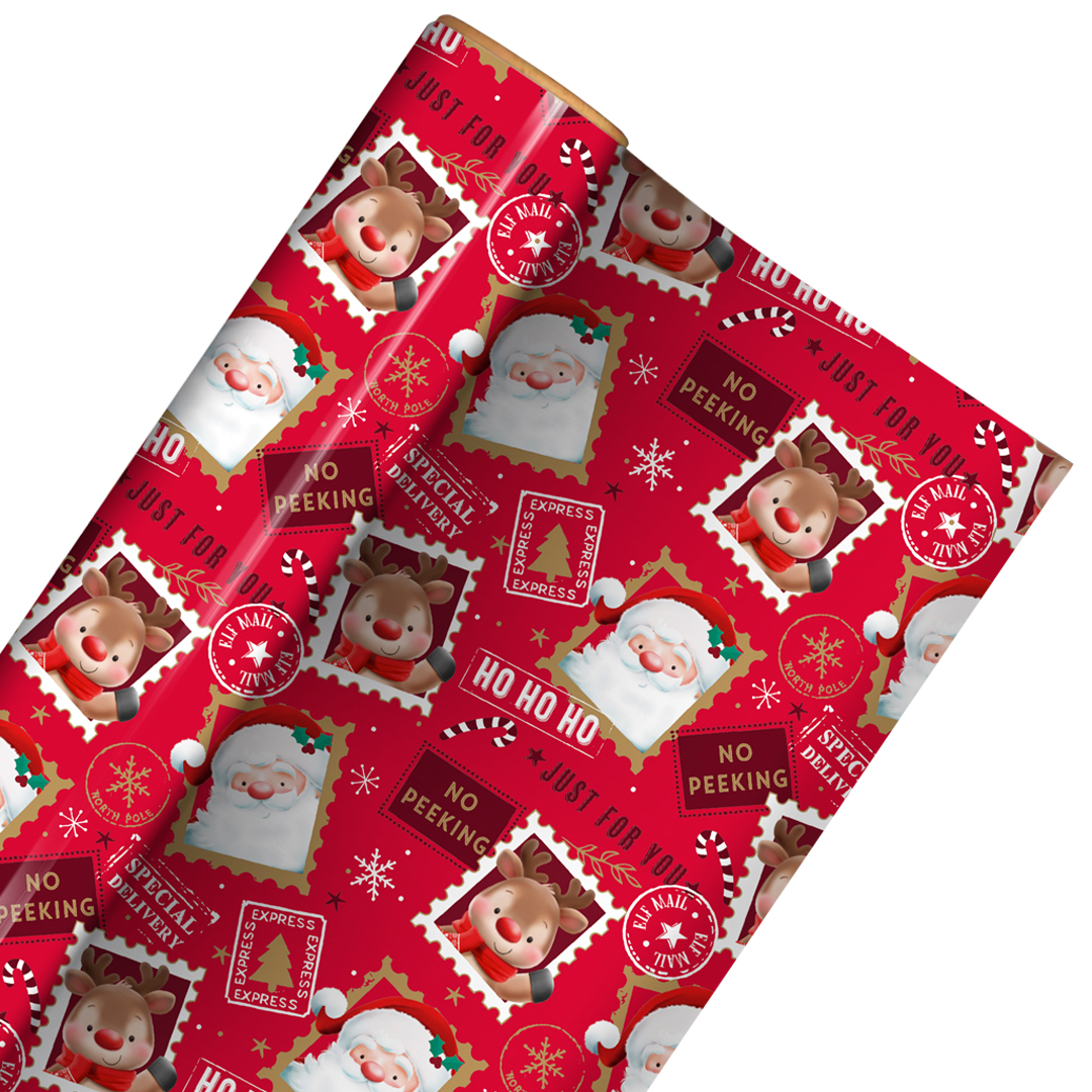 Cute Christmas Characters Express Delivery Red Gift Wrapping Paper Roll 4m Product Gallery Image