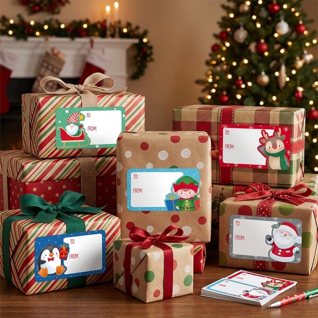 Cute Christmas Characters Gift Label Stickers - Pack of 50