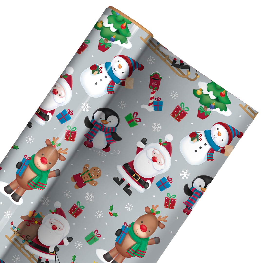 Cute Christmas Characters Silver Gift Wrapping Paper Roll 4m Product Gallery Image