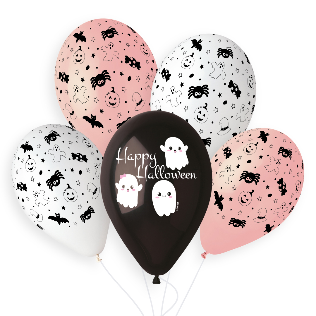 Cute Ghost Happy Halloween Black & Pink Latex Balloons 33cm / 13 in - Pack of 6 View 3