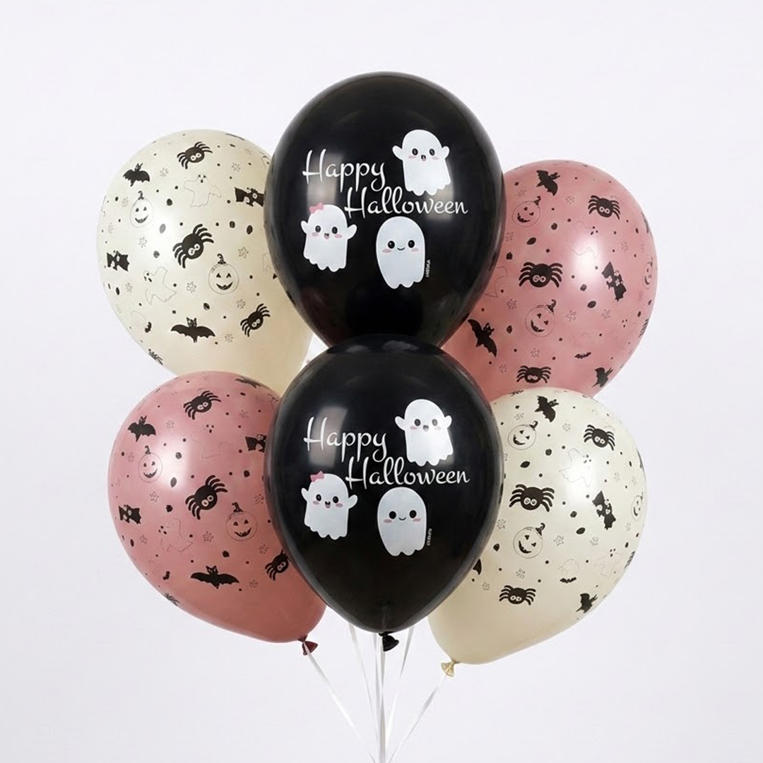 Cute Ghost Happy Halloween Black & Pink Latex Balloons 33cm / 13 in - Pack of 6
