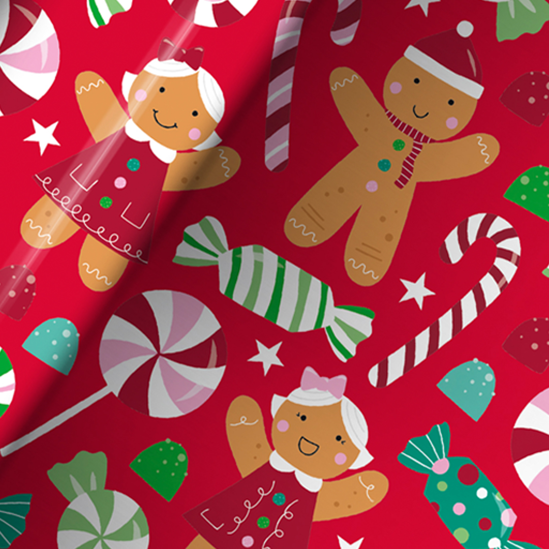 Cute Gingerbread & Candy Christmas Red Gift Wrapping Paper Roll 4m Product Gallery Image