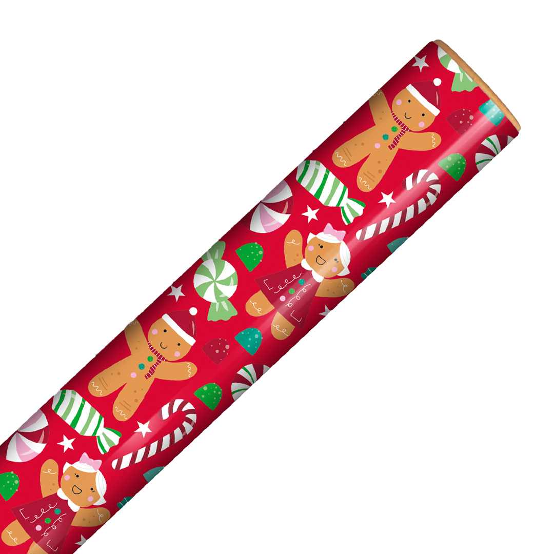 Cute Gingerbread & Candy Christmas Red Gift Wrapping Paper Roll 4m Product Gallery Image