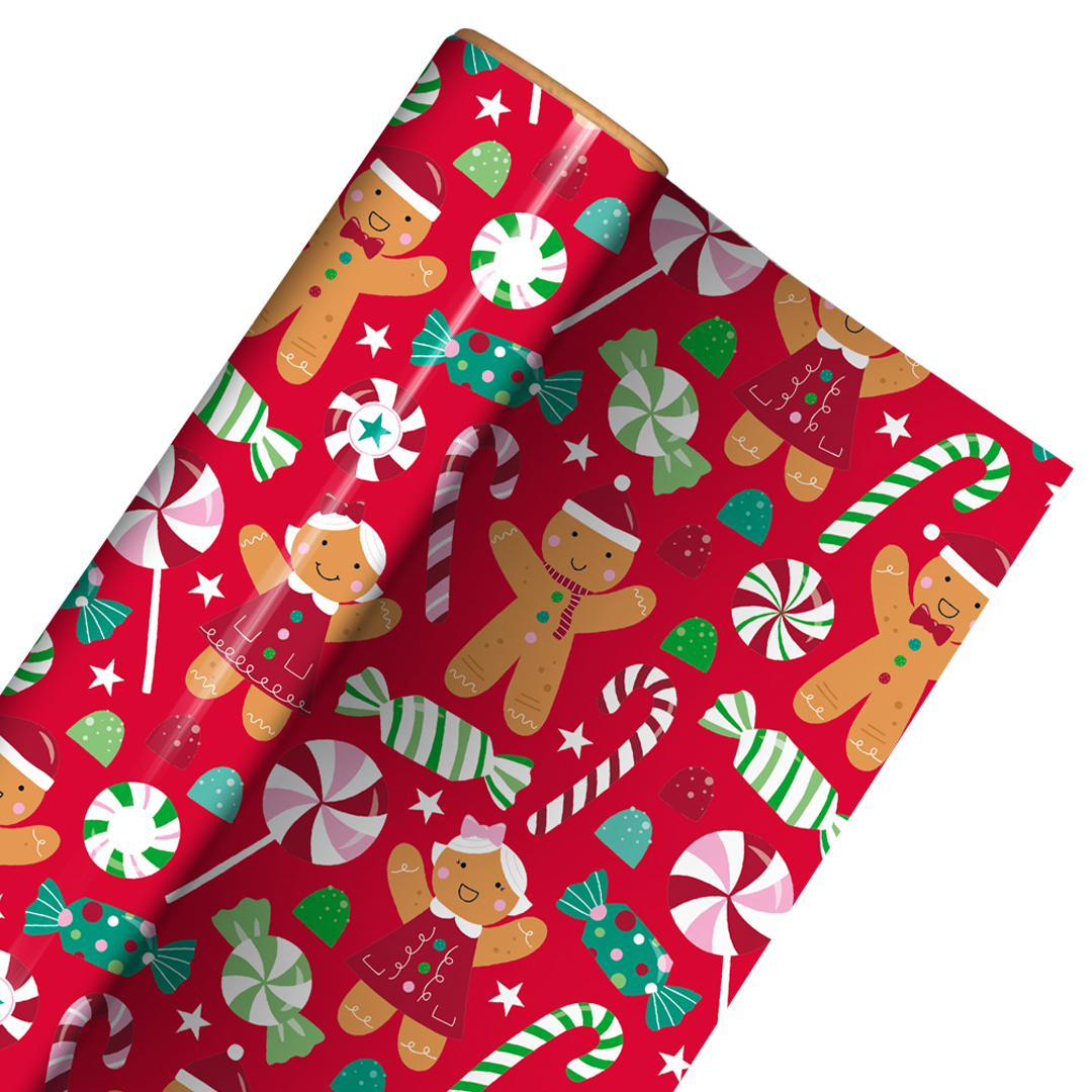 Cute Gingerbread & Candy Christmas Red Gift Wrapping Paper Roll 4m Product Gallery Image