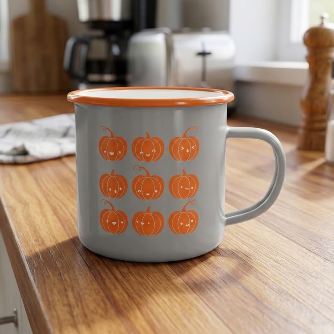 Cute Orange Pumpkin Halloween White Enamel Mug 9cm
