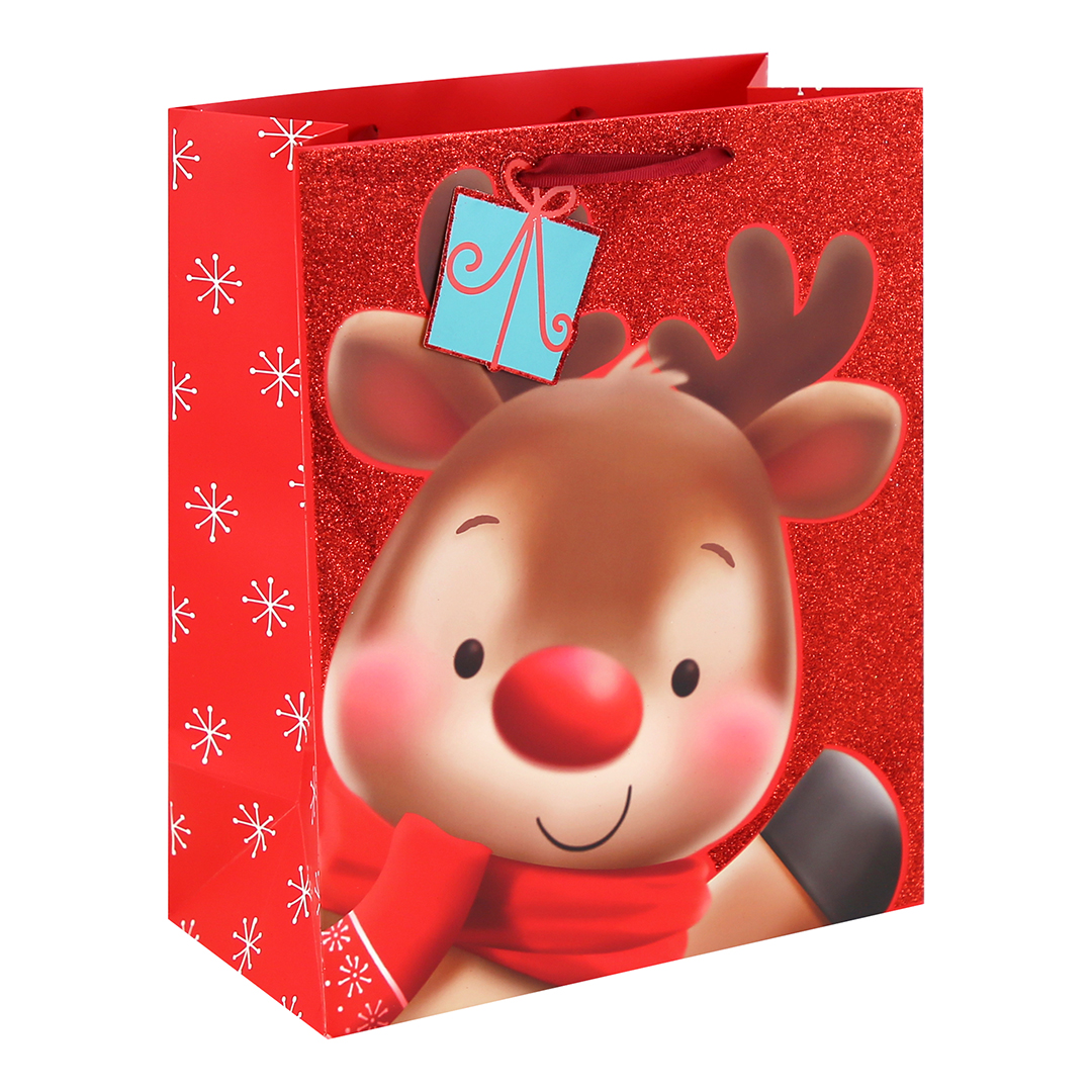 Cute Reindeer Red Glitter Christmas Large Gift Bag 33cm