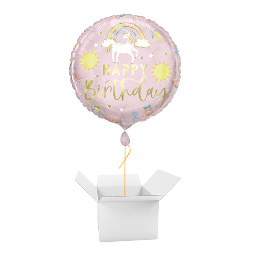 Dainty Unicorn Happy Birthday Round Foil Helium Balloon - Inflated Balloon in a Box