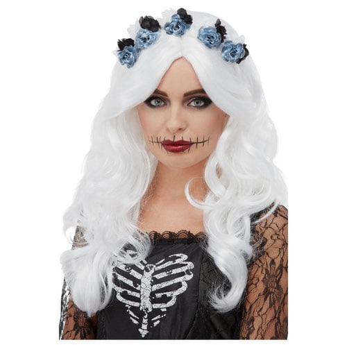 Day of the Dead White with Flowers Long Hair Wig Product Image
