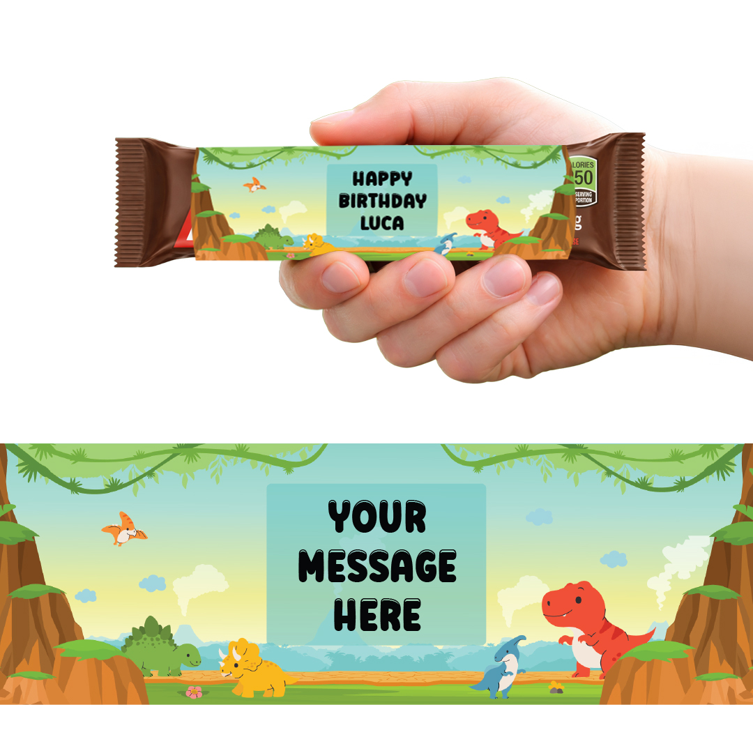Dinosaur Personalised Sweet Chocolate Bar Packaging Label Stickers 9.1cm - Sheet of 16