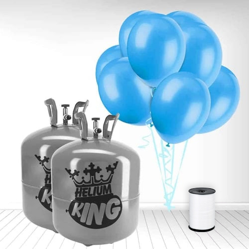 Disposable Helium Gas Canister with 100 Baby Blue Balloons and Curling Ribbon