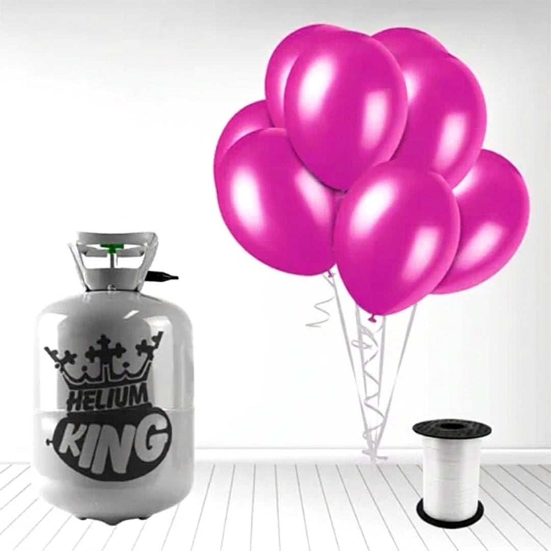 Disposable Helium Gas Canister with 30 Fuchsia Pink Balloons and Curling Ribbon