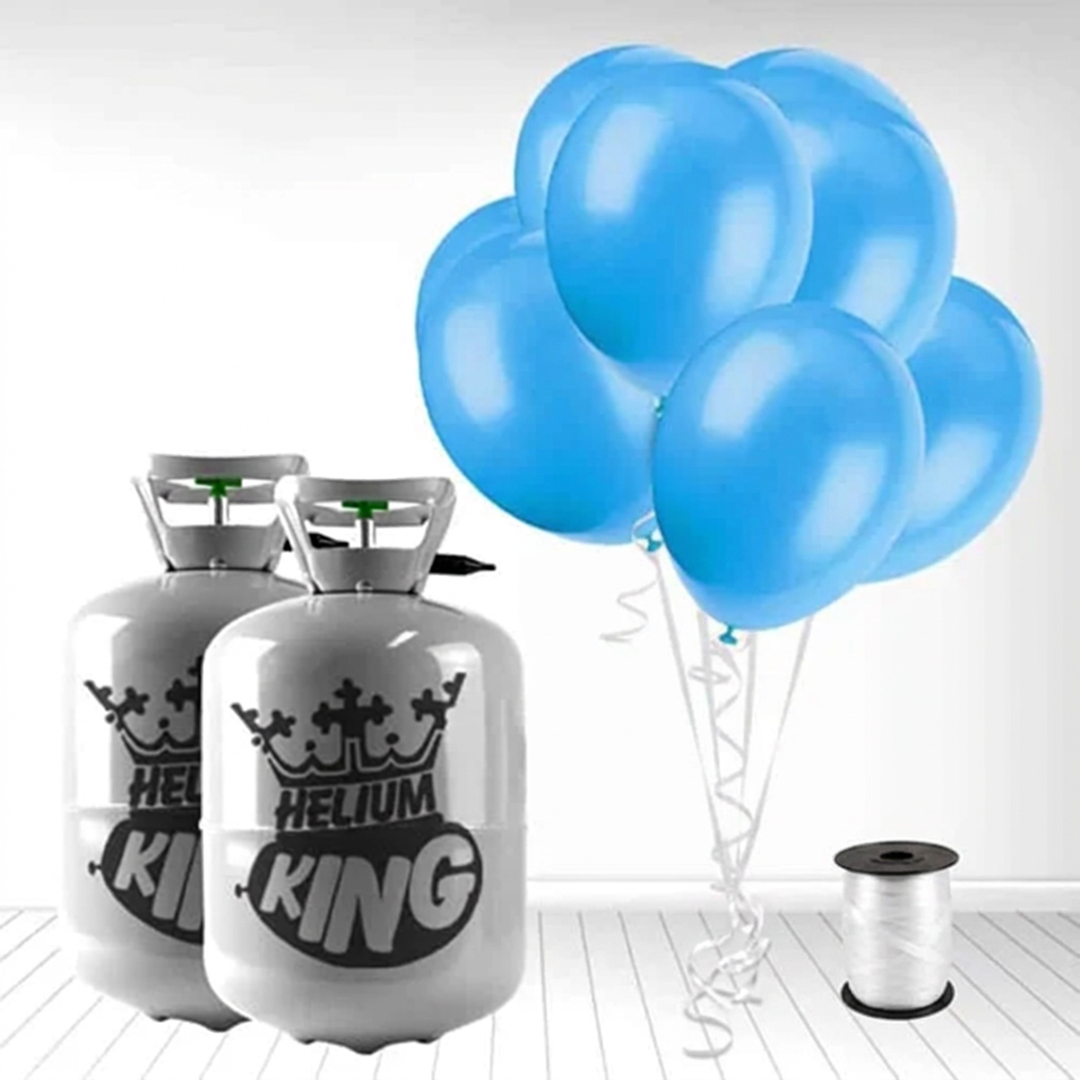 Disposable Helium Gas Canister with 60 Baby Blue Balloons and Curling Ribbon