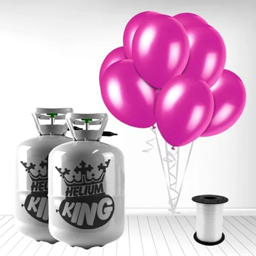 Disposable Helium Gas Canister with 60 Fuchsia Pink Balloons and Curling Ribbon