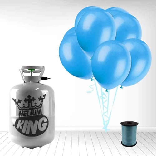 Disposable Helium Gas Canister with 30 Baby Blue Balloons and Curling Ribbon Product Gallery Image