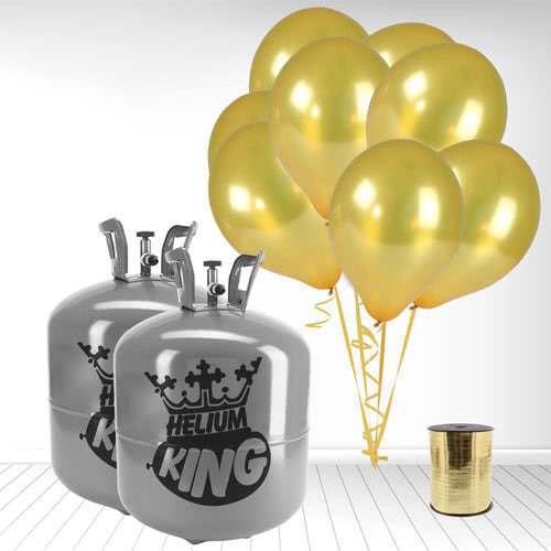 Disposable Helium Gas Cylinders with 100 Metallic Gold Balloons and Curling Ribbon Product Image