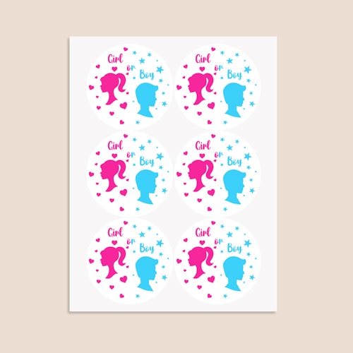 Dolls Gender Reveal Round Stickers 88mm - Sheet of 6 Product Gallery Image