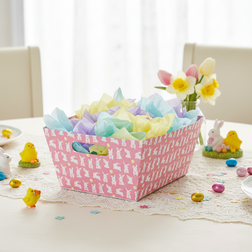 Easter Bunnies Pastel Pink Rectangular Hamper Basket 33cm