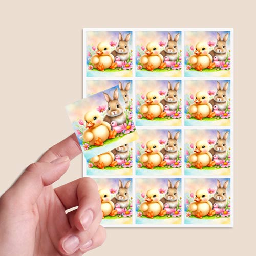 Easter Bunny and Chick Square Stickers 65mm - Sheet of 12 Product Gallery Image