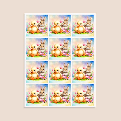 Easter Bunny and Chick Square Stickers 65mm - Sheet of 12 Product Gallery Image