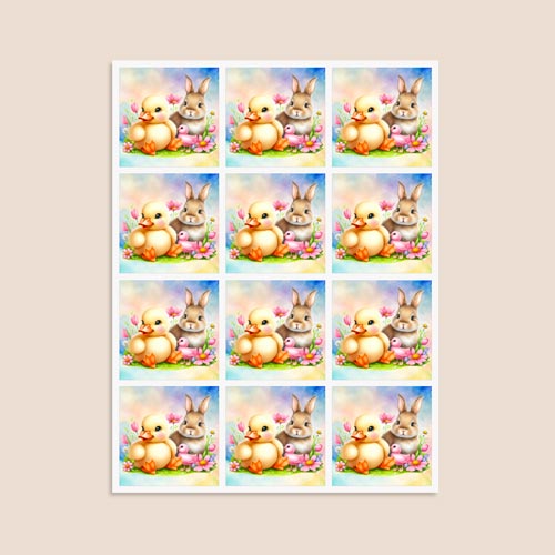 Easter Bunny and Chick Square Stickers 65mm - Sheet of 12 Product Gallery Image