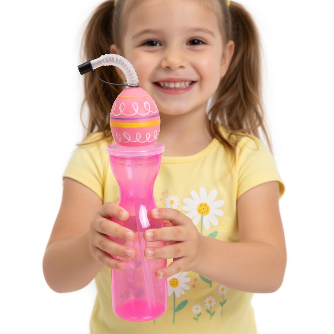 Easter Egg Pink Reusable Plastic Bottle with Straw 500ml Product Gallery Image
