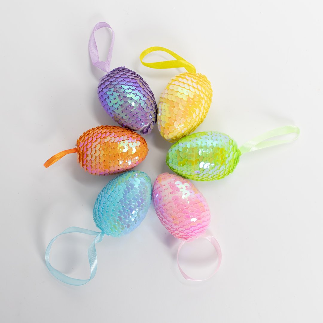 Easter Sequin Foam Eggs Hanging Decorations - Pack of 6
