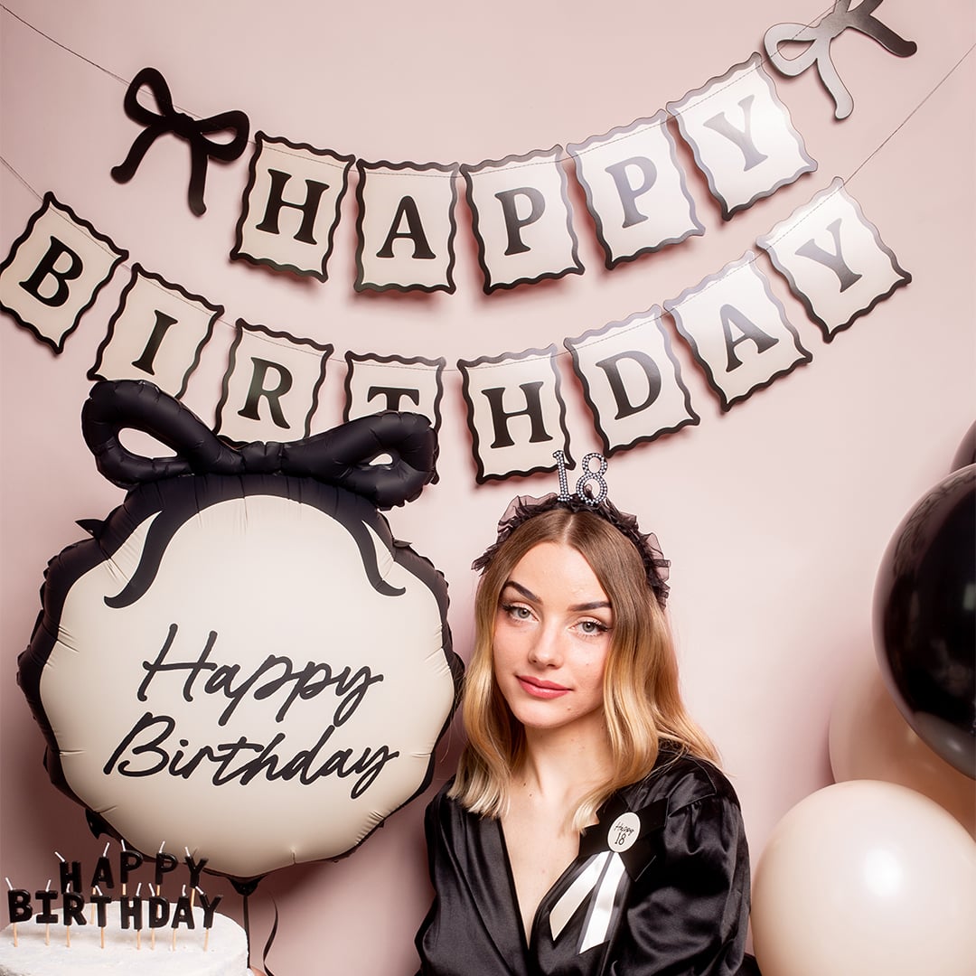 Elegant Bow Happy Birthday Black & Cream Happy Birthday Card Banner 1m Product Gallery Image