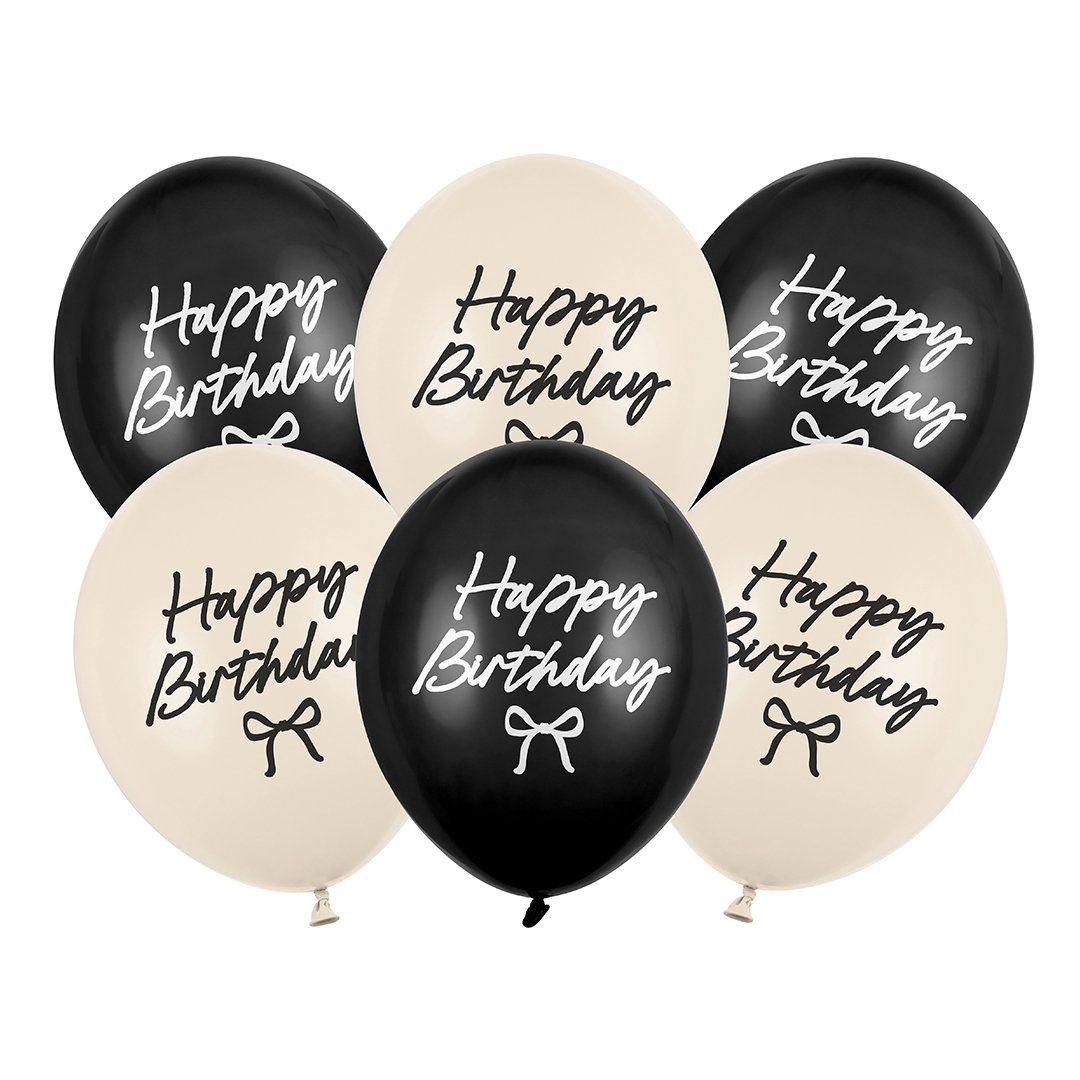 Elegant Bow Happy Birthday Black & Cream Latex Balloons 30cm / 12 in - Pack of 6