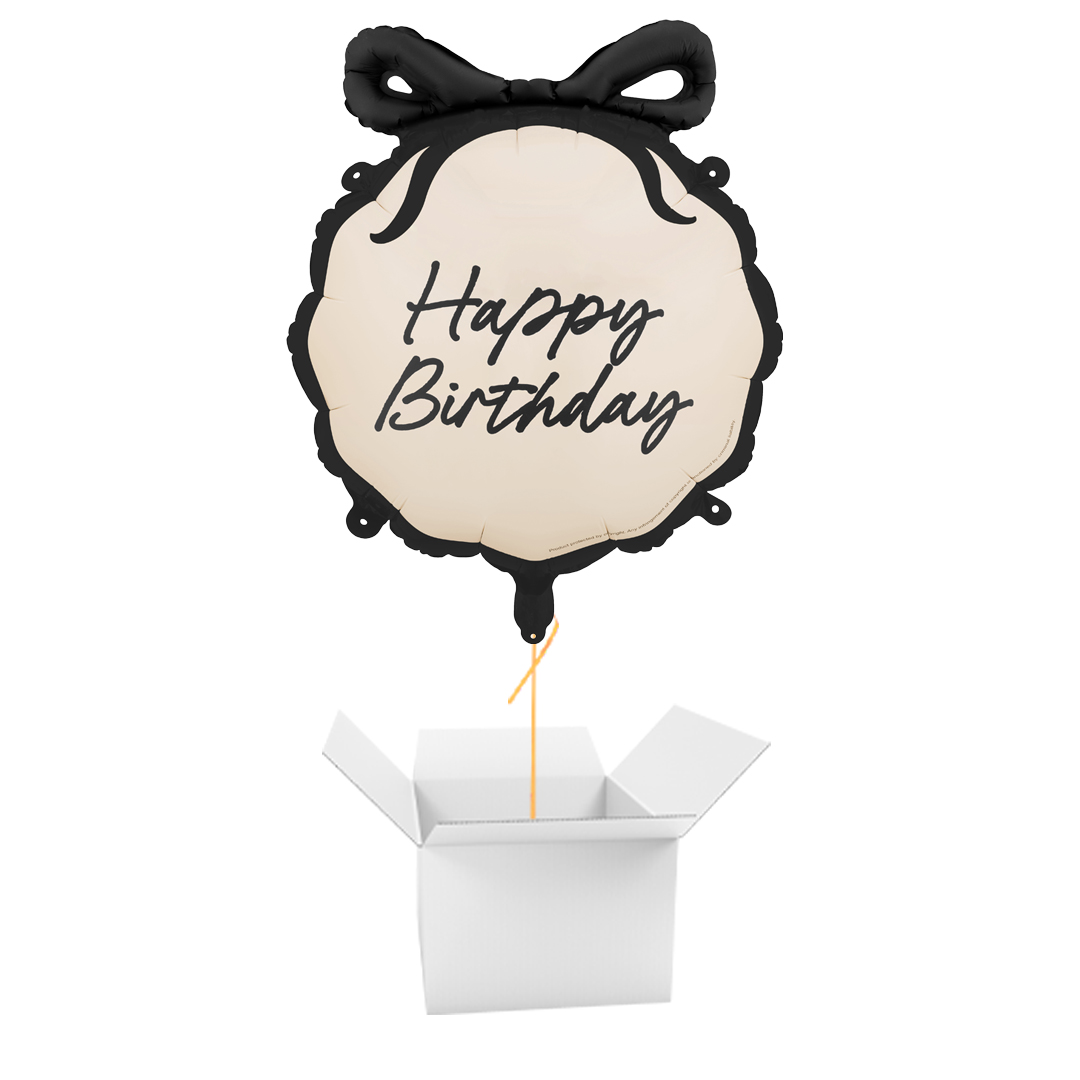 Elegant Bow Happy Birthday Black & Cream Round Shaped Foil Balloon - Balloon In A Box